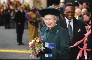 HM Queen Elizabeth II, head of the Commonwealth with Commonwealth Secretary-General Chief Emeka Anyaoku at Westminster Abbey,London, UK after the Commonwealth Day Observance in 1999. Credit: Commonwealth Secretariat ref ad082